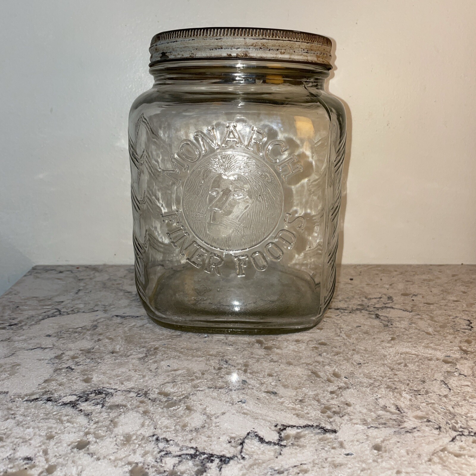 Large Vintage Monarch Finer Foods Jar Kitchen Canister Embossed Lion Head