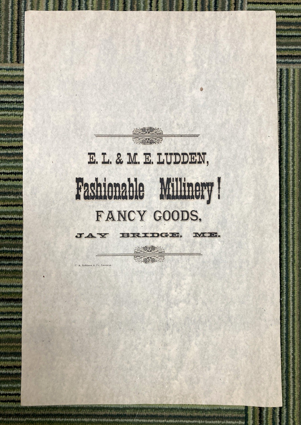 Antique general store wrapping paper Ludden Millinery Fancy Goods Maine 1900
