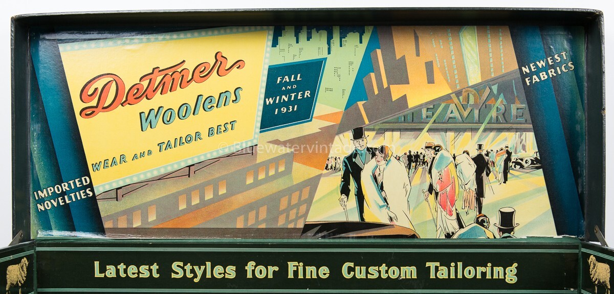 1931 Detmer Woolen Salesman Sample Fabric Display Box Amazing Deco Graphics EX!