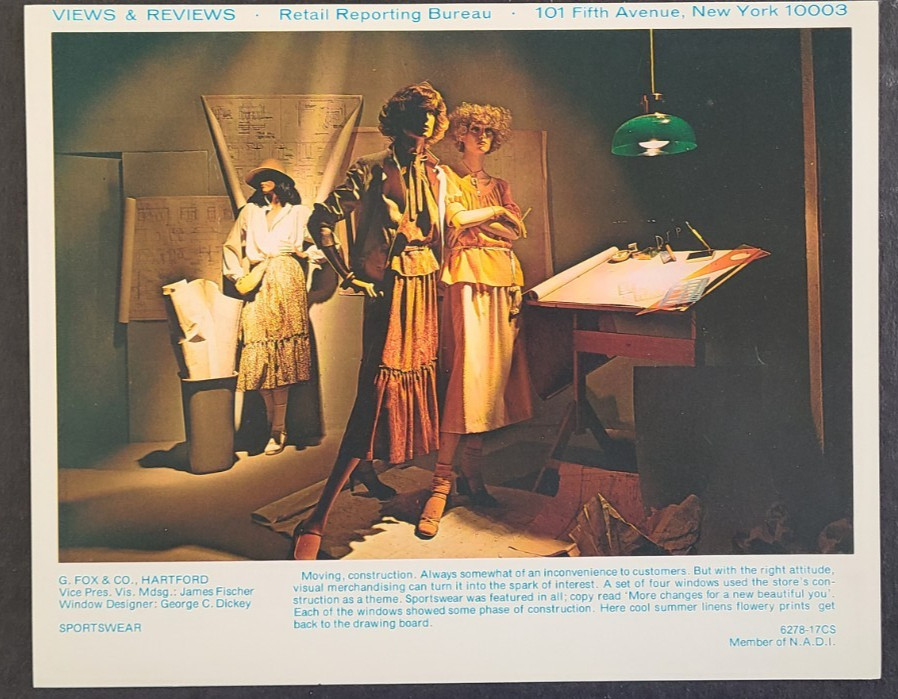1970s G. FOX & CO. HARTFORD WINDOW DISPLAY PHOTO PRINT BACK TO THE DRAWING BOARD