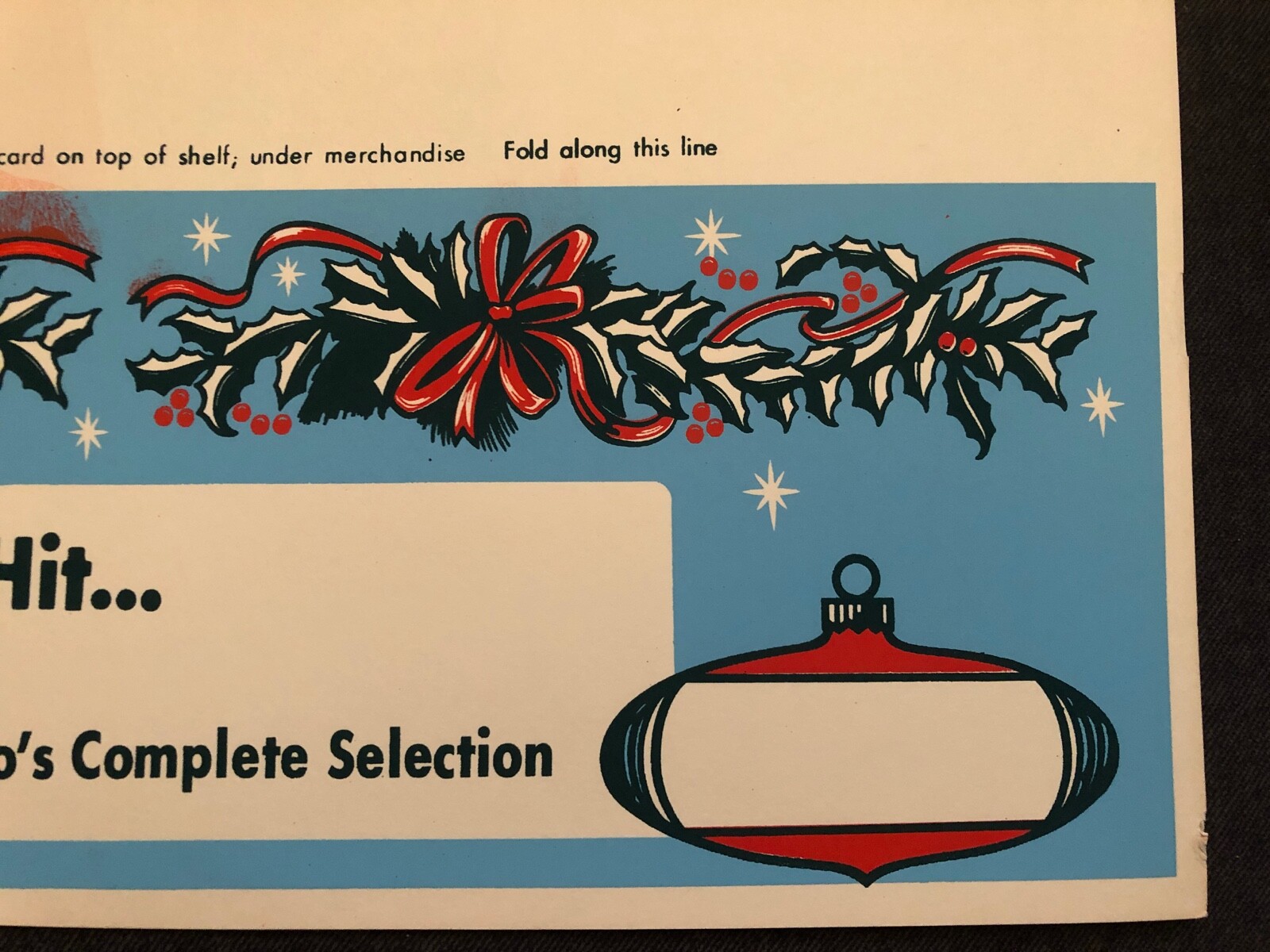 Vintage STORE SIGN Shelf Talker Christmas Ornament Holly Wreath MAKE HIT nos #12