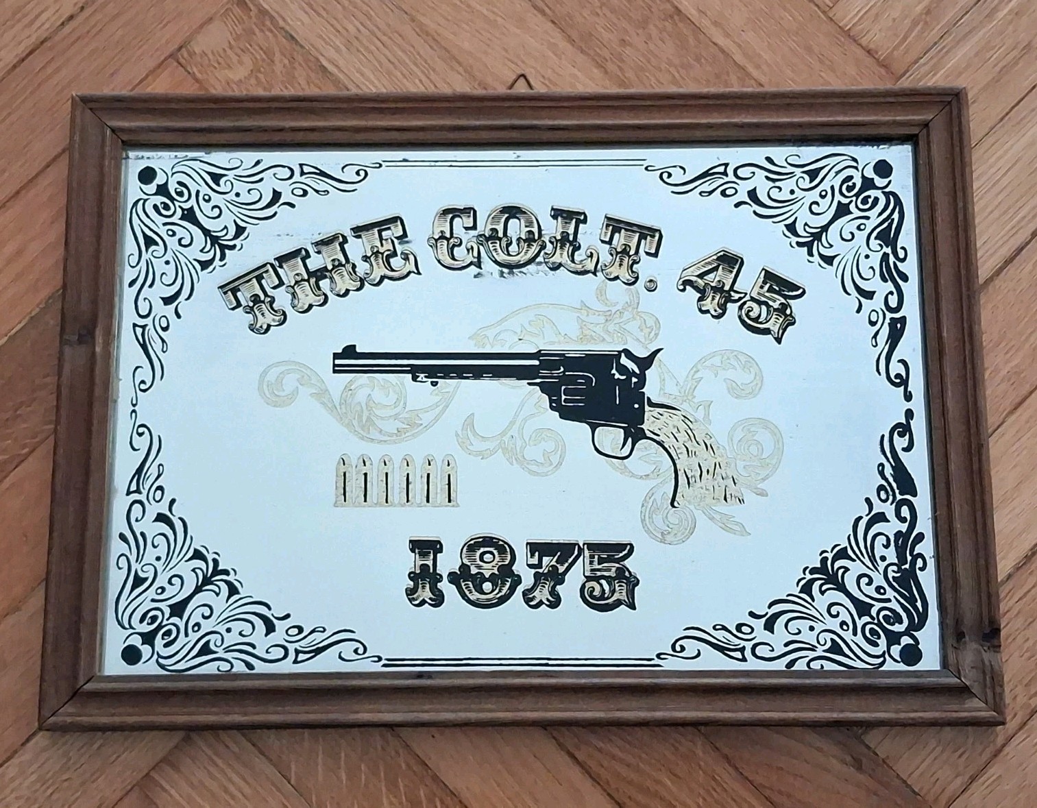ADVERTISING MIRROR PAINTING-GUN/GUN 1875 THE COLT. 45-YEARS 70′-VINTAGE