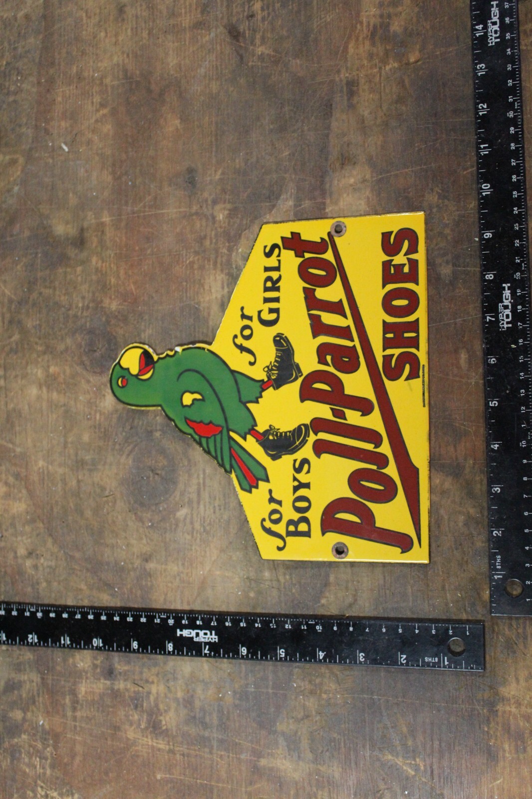 RARE POLL PARROT SHOES DEALER PORCELAIN METAL SIGN BOYS AND GIRLS BIRD ZOO GAS