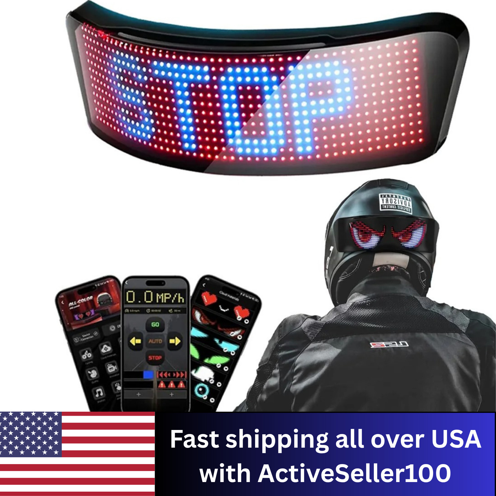 LED Helmet Display Rgb Programmable Warning Light Motorcycle Bike App Screen