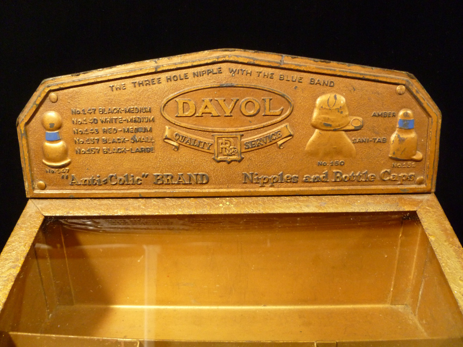 DAVOL NIPPLES & BOTTLE CAPS COUNTER TOP ADVERTISING PRODUCT DISPENSER CIRCA 1920