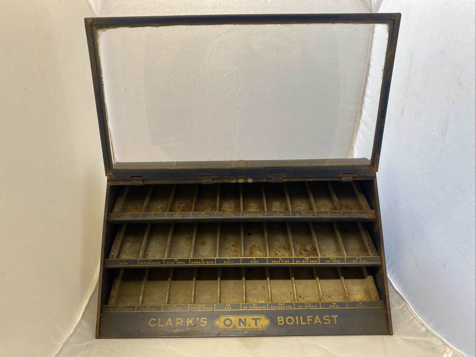 Vintage Clark’s O.N.T. Boilfast Thread Countertop Cabinet Lifting Glass Display