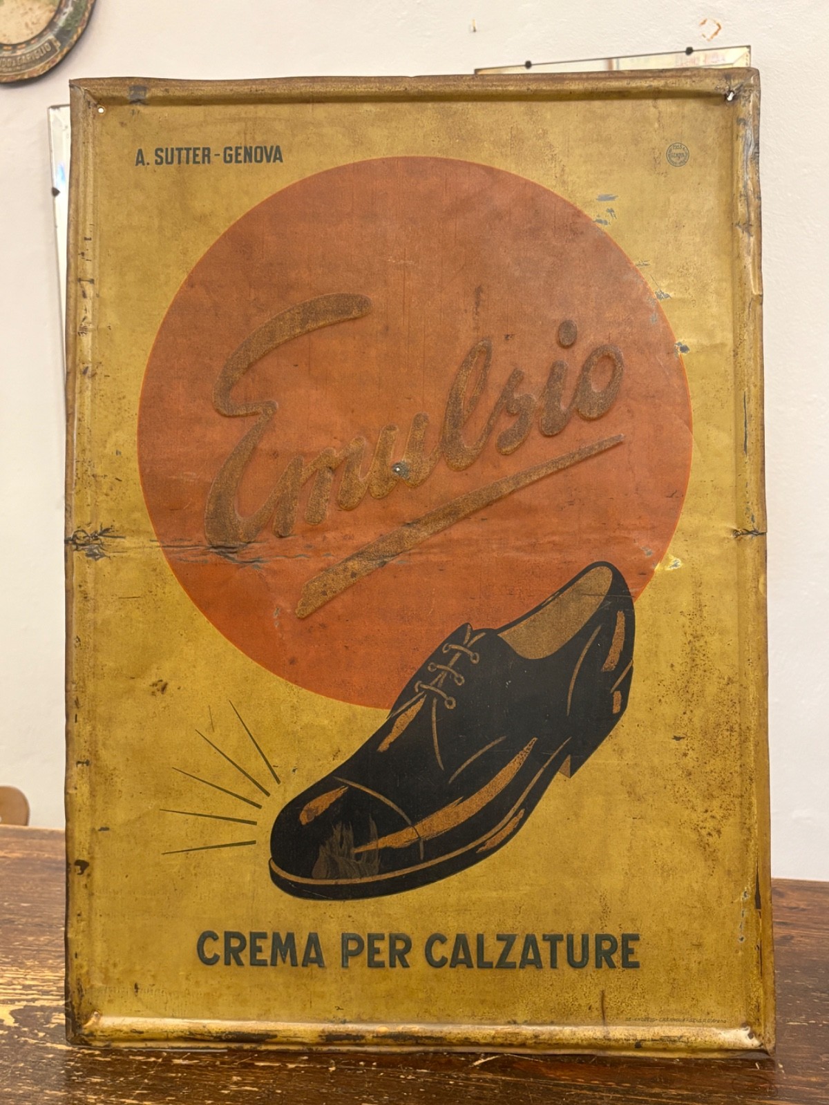 Tin advertising plaque-EMULSIO-Shoe cream-Sutter Genoa’50-50×70