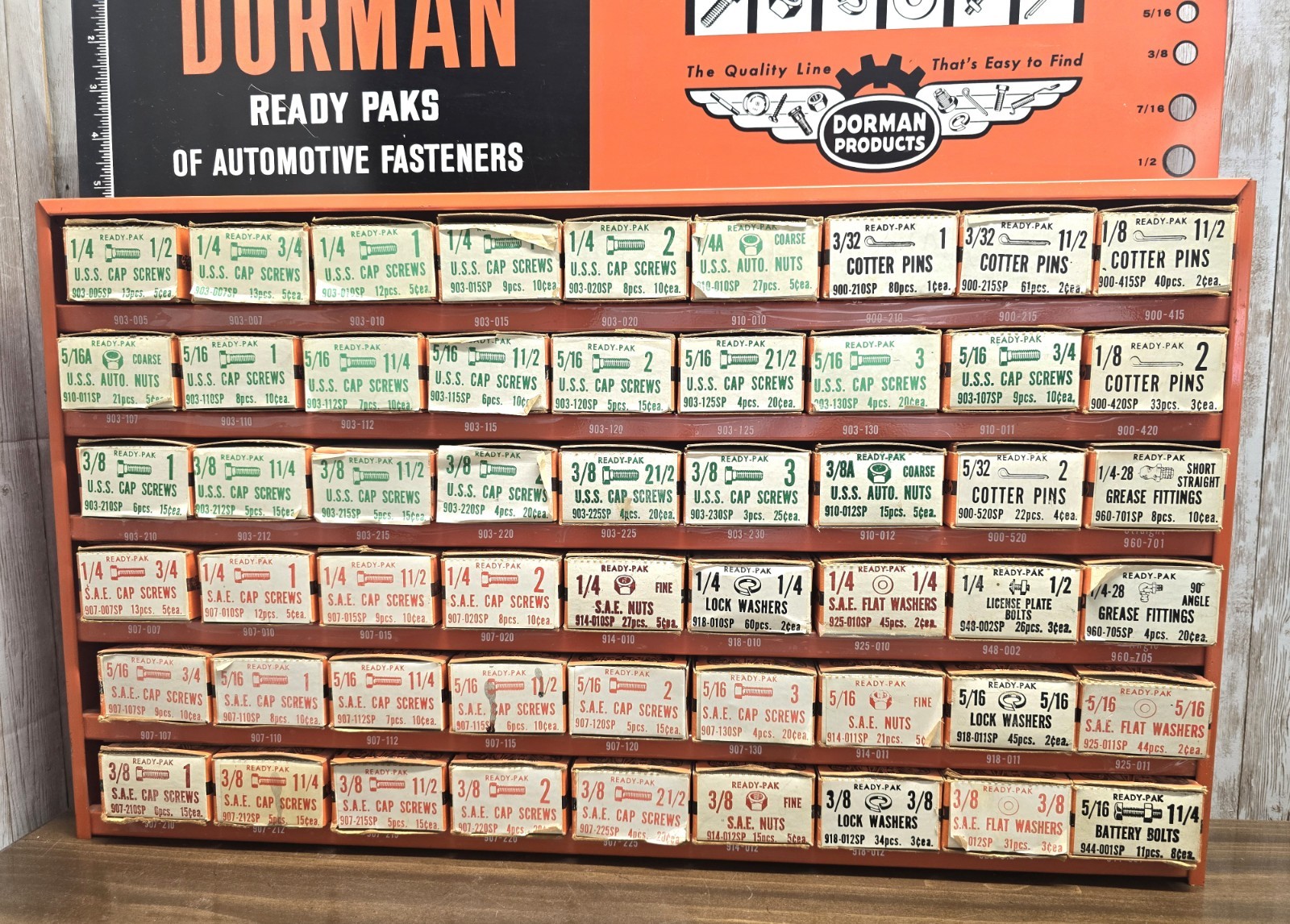 Vtg Dorman Ready Paks Fastener Orange Display Cabinet w/Contents! USA! LOADED!