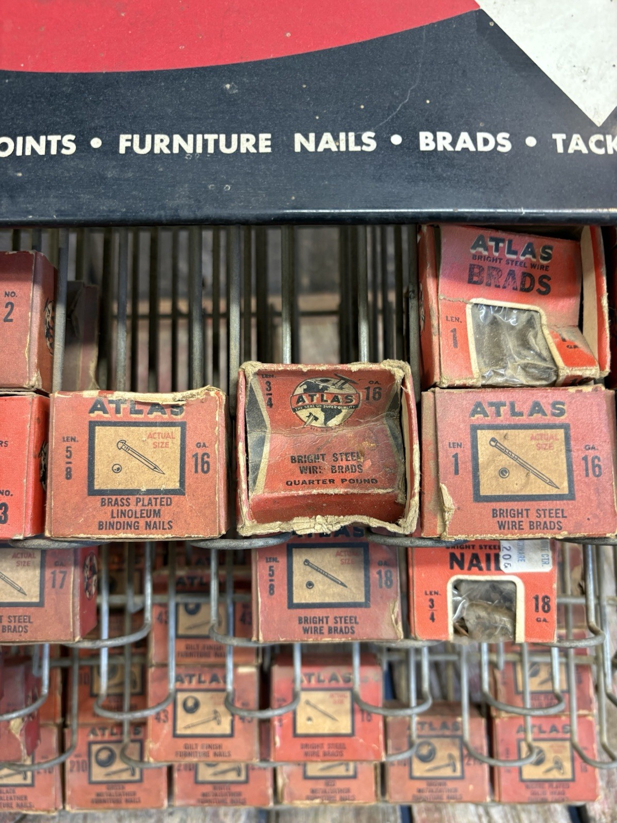 Vintage 60s Hardware Store Atlas Tack & Nail Rack Countertop Display With Boxes