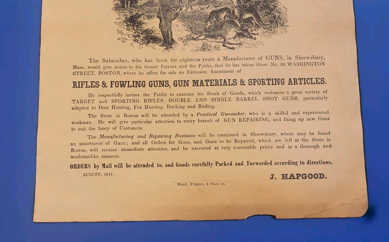 RARE 1847 J.HAPGOOD GUN INTERIOR STORE BROADSIDE RIFLE WEAPON ADVERT BOSTON 9×11