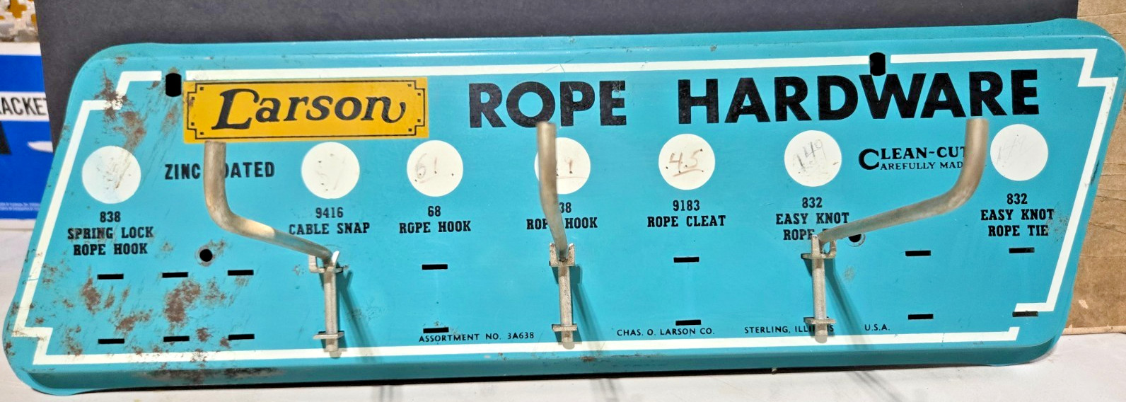 Vintage Chas. O. Larson Co.-” ROPE HARDWARE”- Metal Rack Hardware Store Display