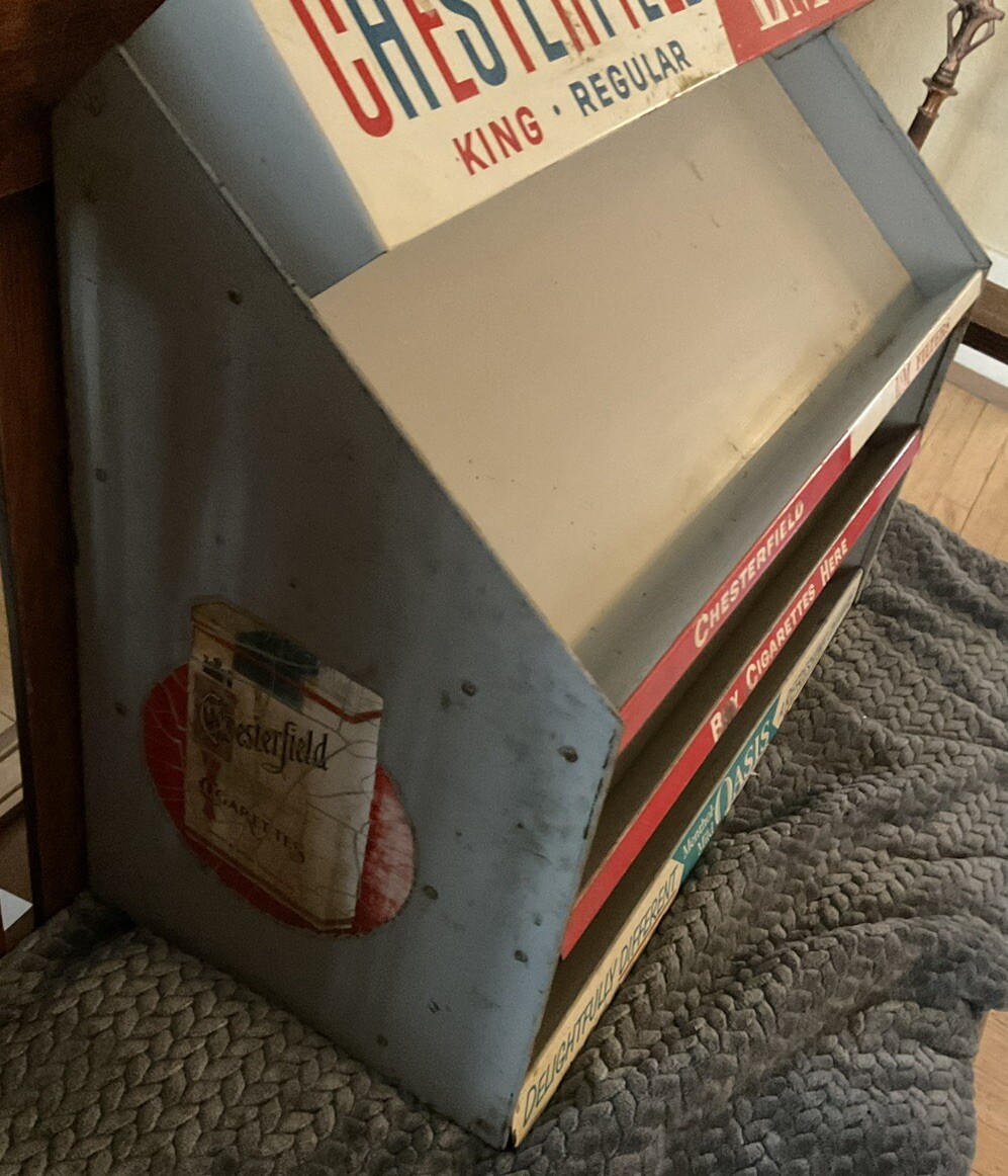 VINTAGE CHESTERFIELD/LM METAL GENERAL STORE CIGARETTE DISPLAY RACK & CARDS