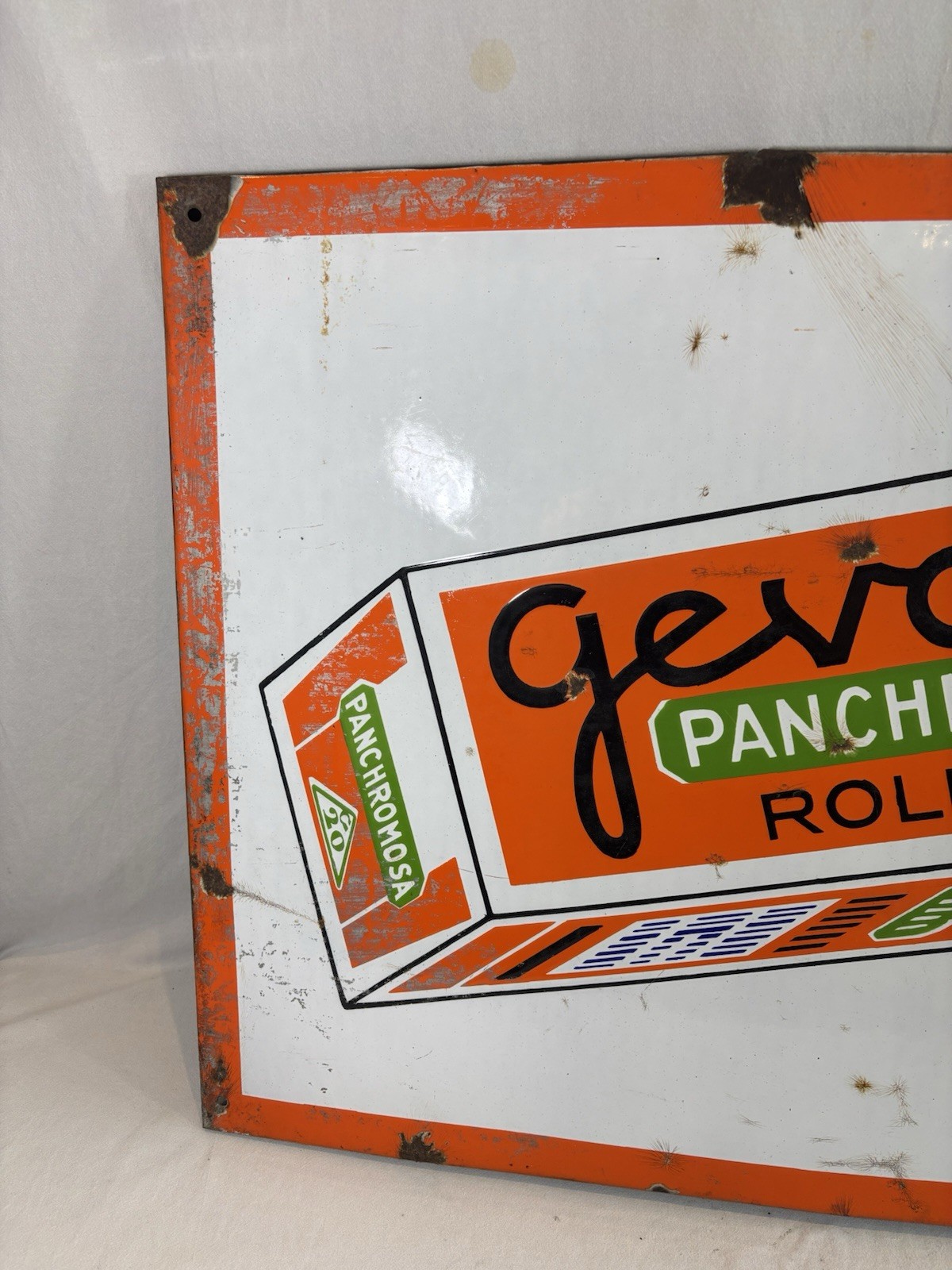Large ANCIENT ENAMEL SIGN: GEVAERT FILM – PANCHROMOSA 107×57.5cm