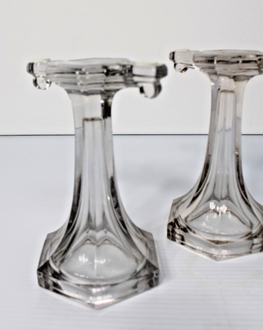 Antique Clear Glass Shelf Risers, Pedestals, Store Display Columns Pair 7-1/4″H