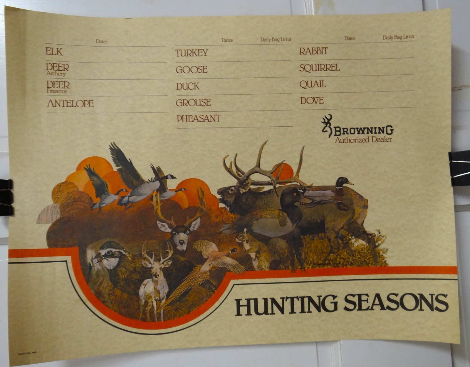 Browning “Hunting Seasons” Heavy Paper Store Poster, 25″ x 19″, C. 1970’s-80’s