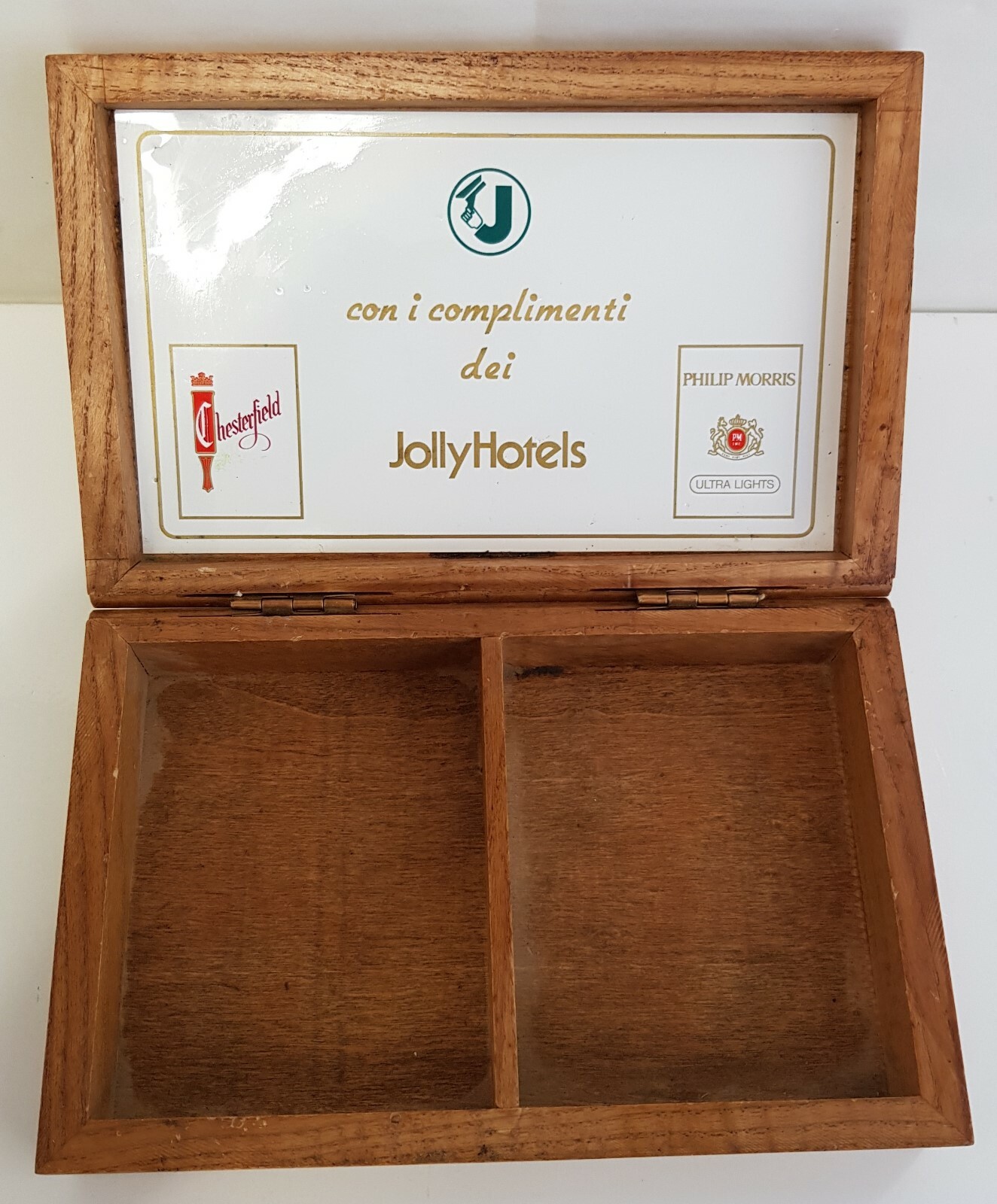 JOLLY HOTELS CHESTERFIELD PHILP MORRIS Pub Cigarette Tobacco Holder Wooden Box