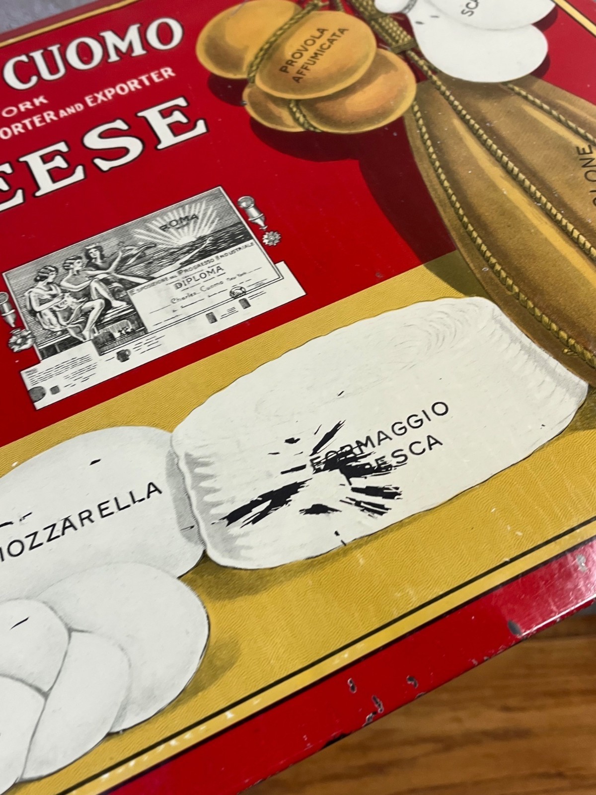 Vintage Charles Cuomo Cheese Tin Sign 19×13 Italian Deli Store Display NEW YORK
