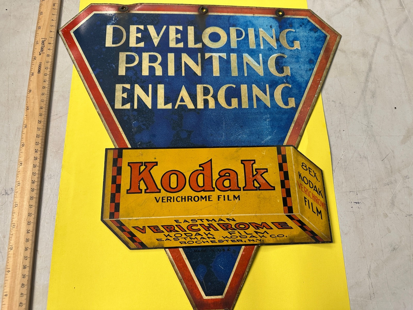 Kodak Film Printing Diecut 1960’s steel 2 sided SIGN grommets Camera