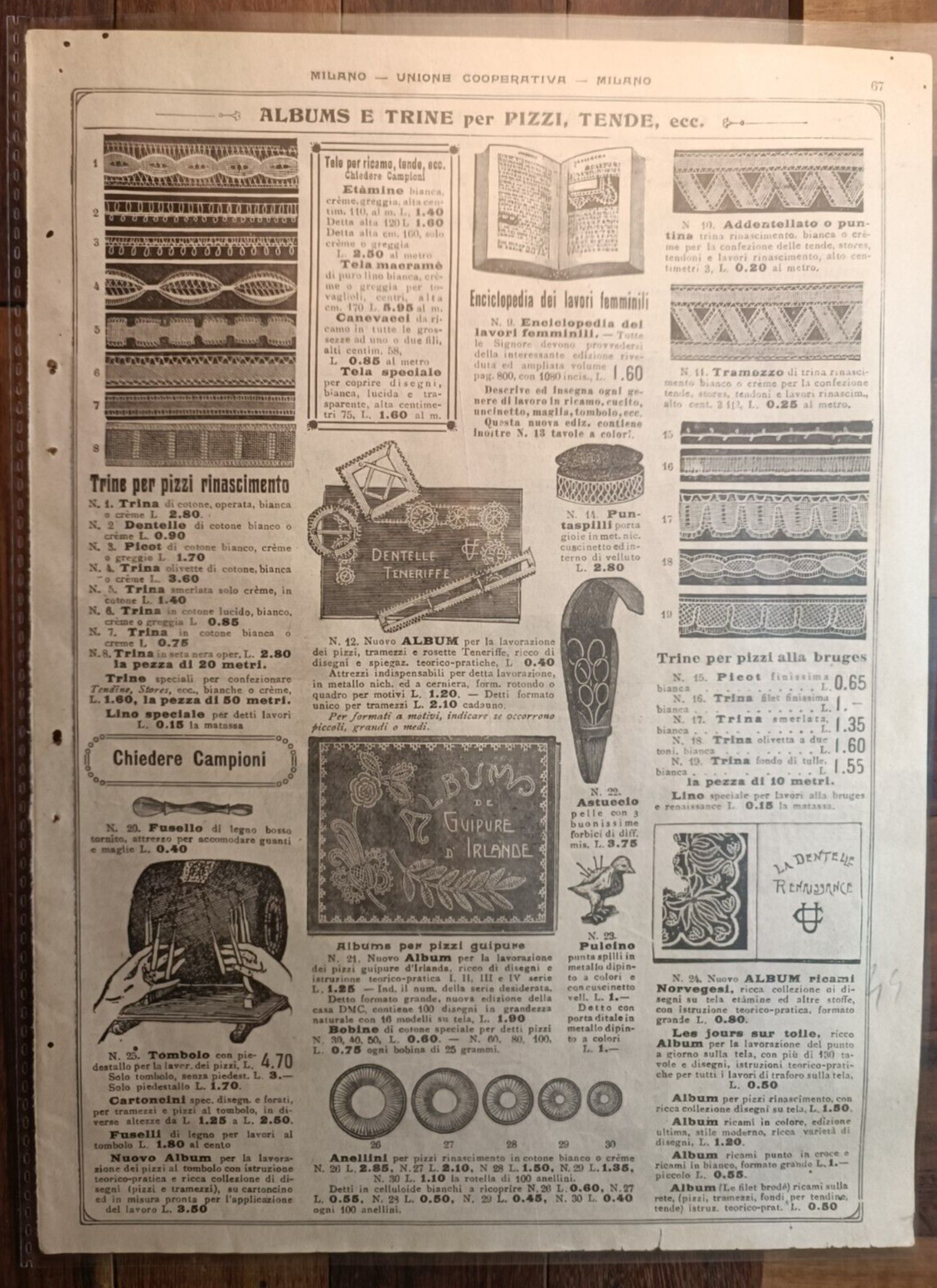 BUTTONS, BROOCHES, ALBUMS & TRINES, LACE, CURTAINS-MILAN EARLY 900 PRICE LIST-N.44