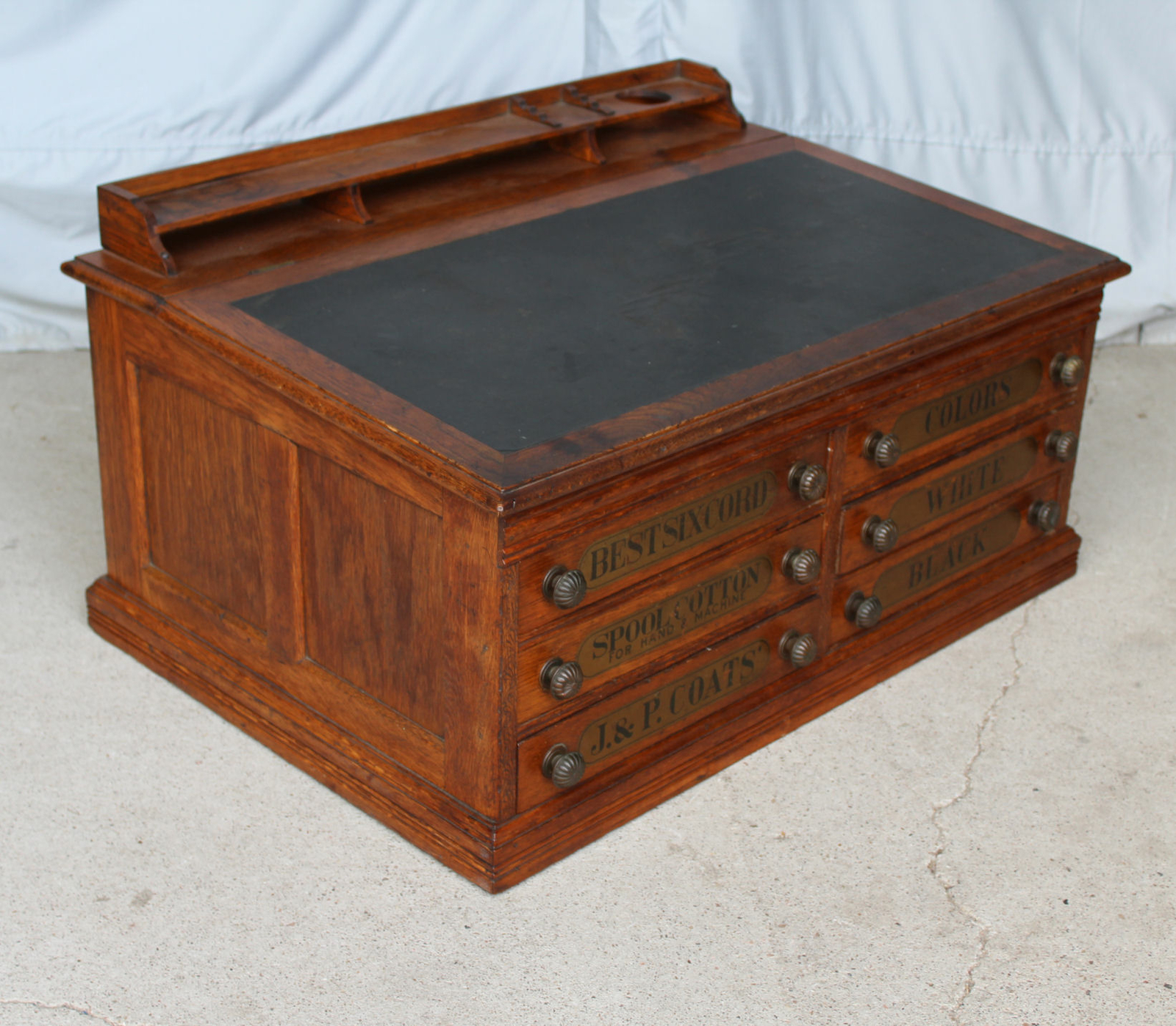 Antique J & P Oak Best Six Cord Oak Spool Cabinet – slanted lid
