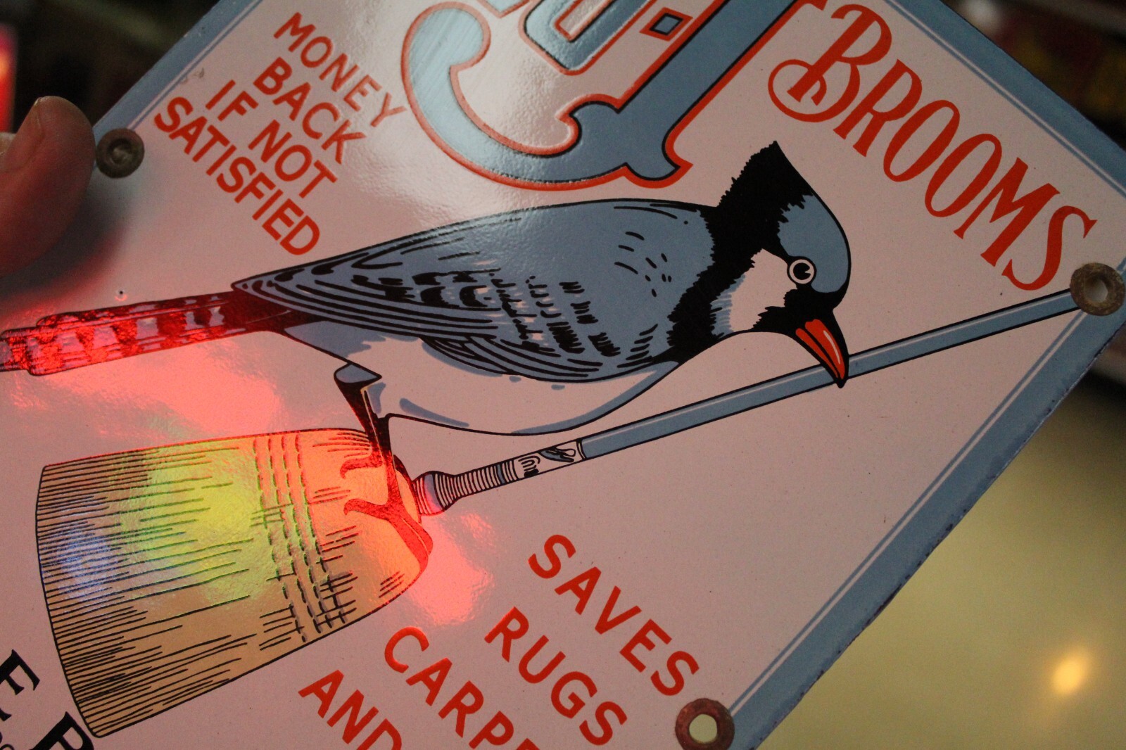RARE MERKLE BLU-J BROOM DEALER PORCELAIN METAL SIGN BIRD CLEANING HARDWARE STORE