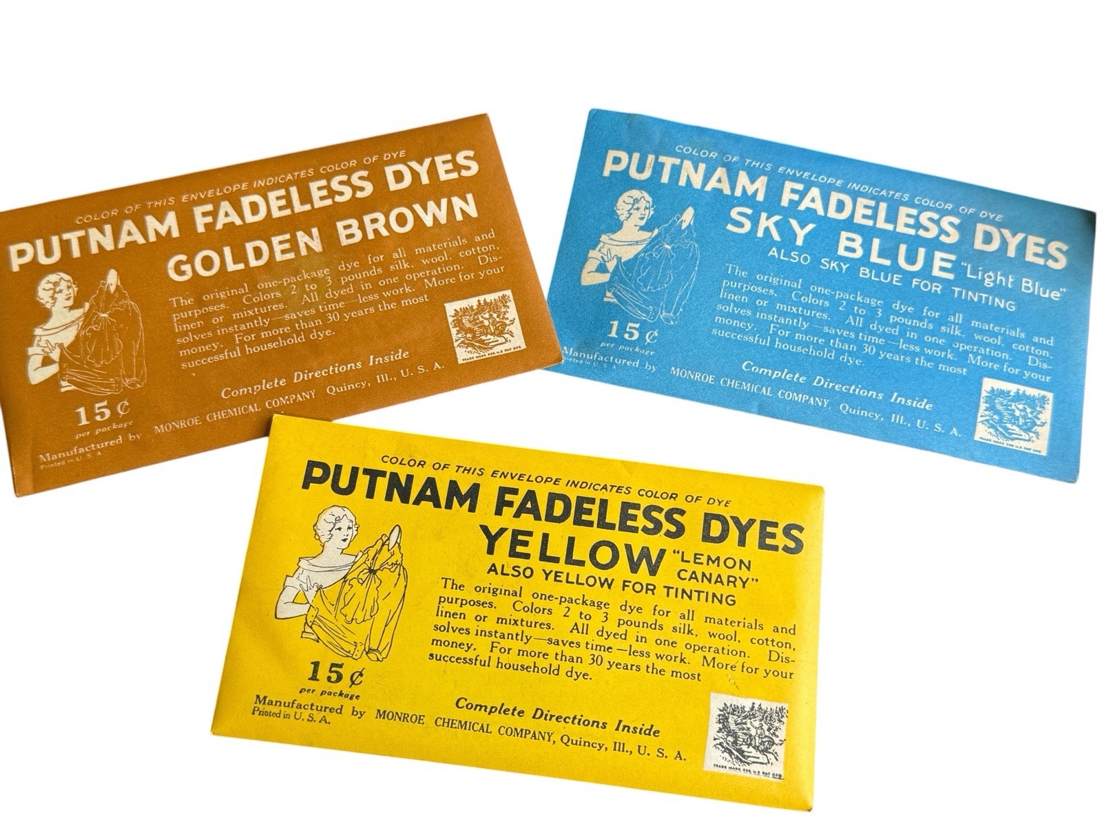 Vtg Putnam Fadeless Dyes Lot Of 3 Complete Packages Sky Blue Yellow Brown
