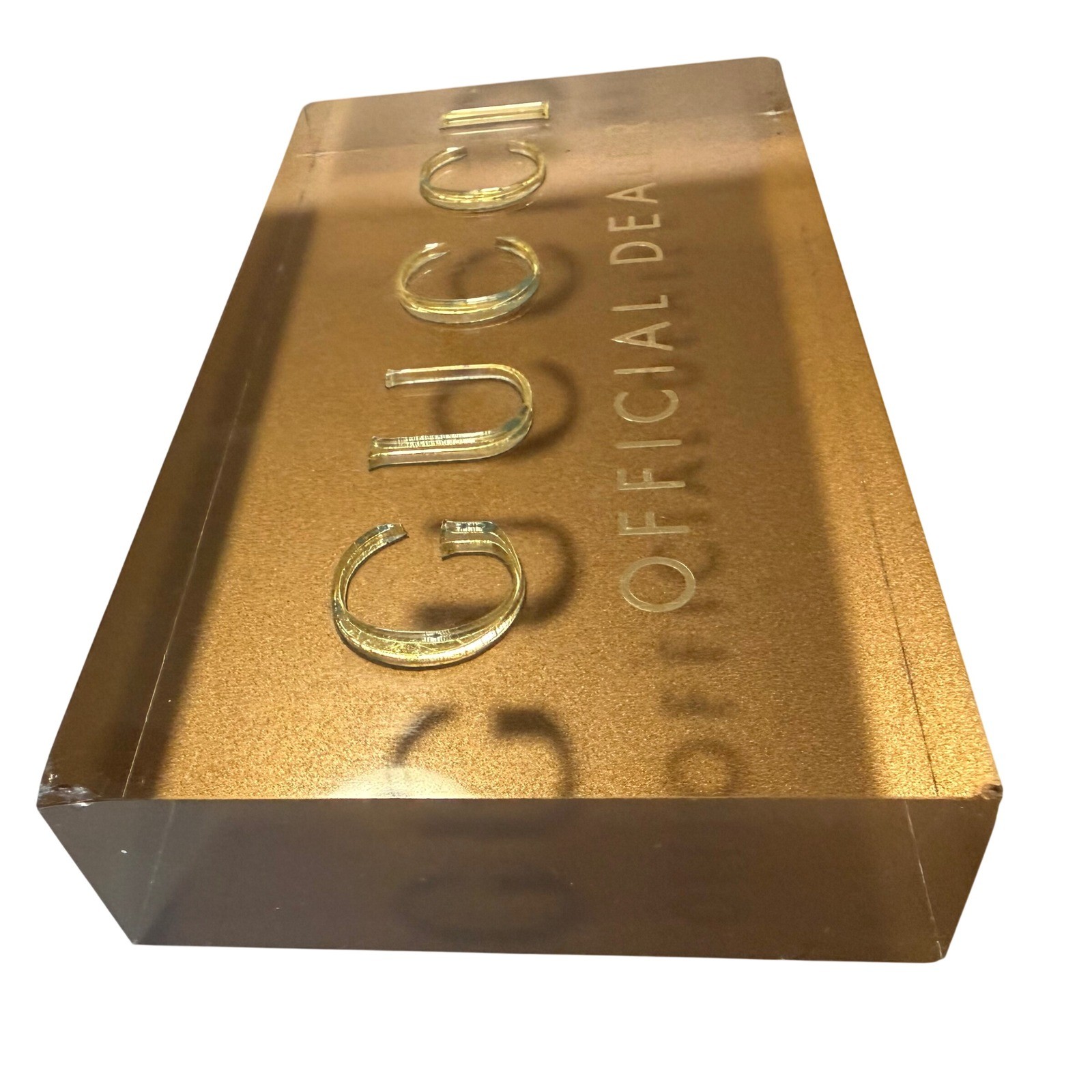 Gucci Official Dealer Lucite Logo Sign Gold Acrylic Display Block Boutique Decor