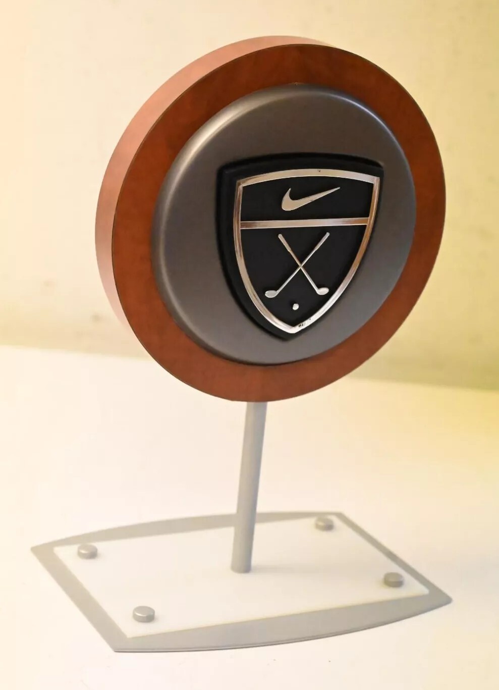 Nike Tabletop Retail Store Display Sign Swoosh & Clubs Wood Sign Metal Base
