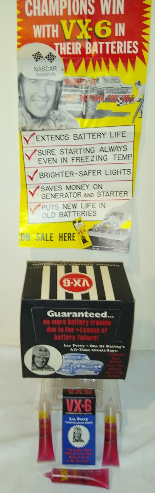 NOS 1950’S LEE PETTY CASE VX-6 BATTERY ADDITIVE STORE COUNTER DISPLAY & POSTER