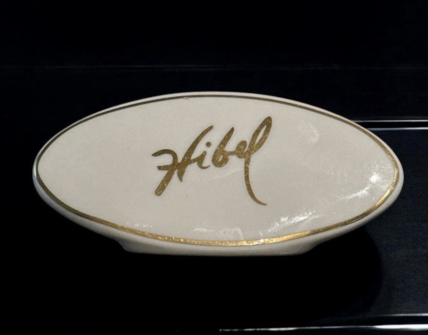 Edna Hibel Bone China Store Countertop Display Sign Plaque Advertising Gold Trim