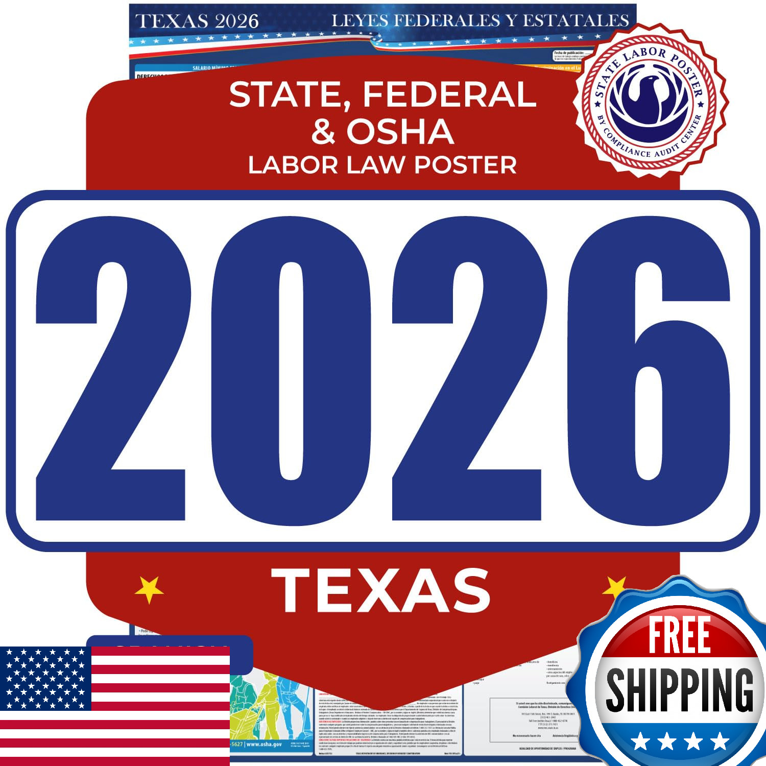 2026 Texas State & Federal Labor Law Poster Spanish OSHA 17×40 Laminated