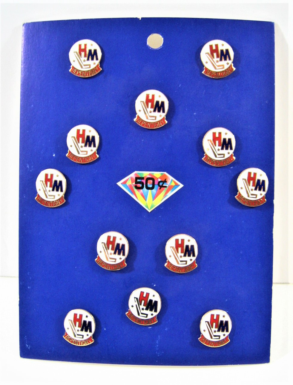 Vintage Repentigny H M Hockey Pin Display 12 On Card Old Stock