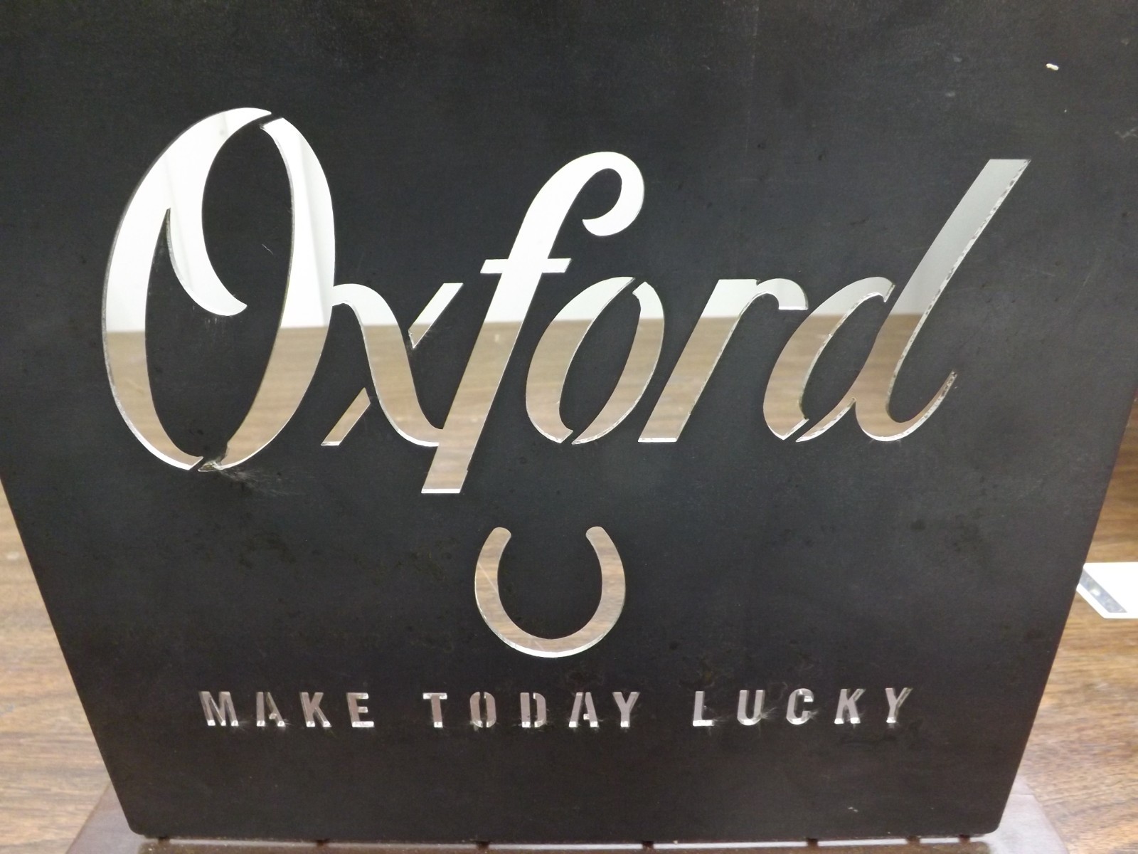 VINTAGE OXFORD SHIRT STORE COUNTER DISPLAY SIGN METAL WITH WOOD BASE clothing