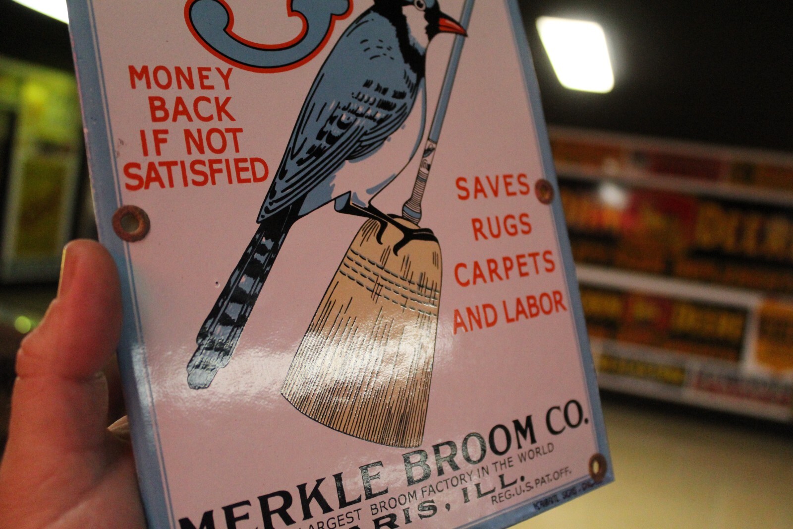 RARE MERKLE BLU-J BROOM DEALER PORCELAIN METAL SIGN BIRD CLEANING HARDWARE STORE