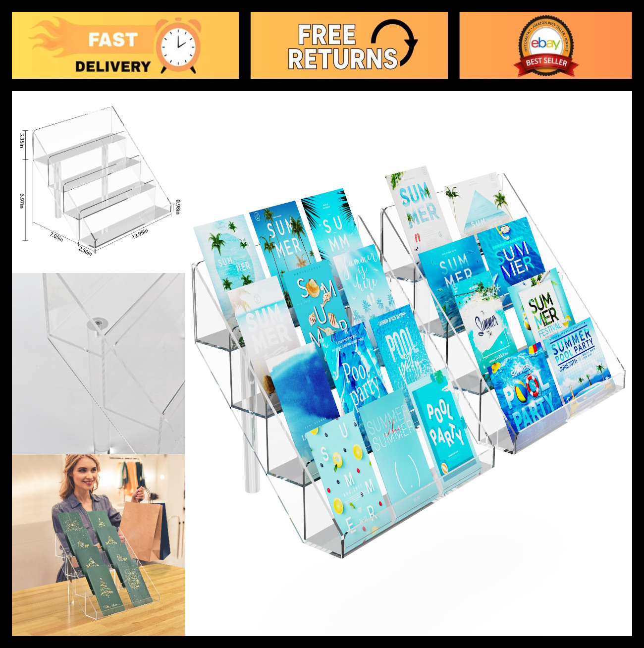 4-Tier Clear Acrylic Greeting Card & Photo Display Stand for Vendors – 2 Sets
