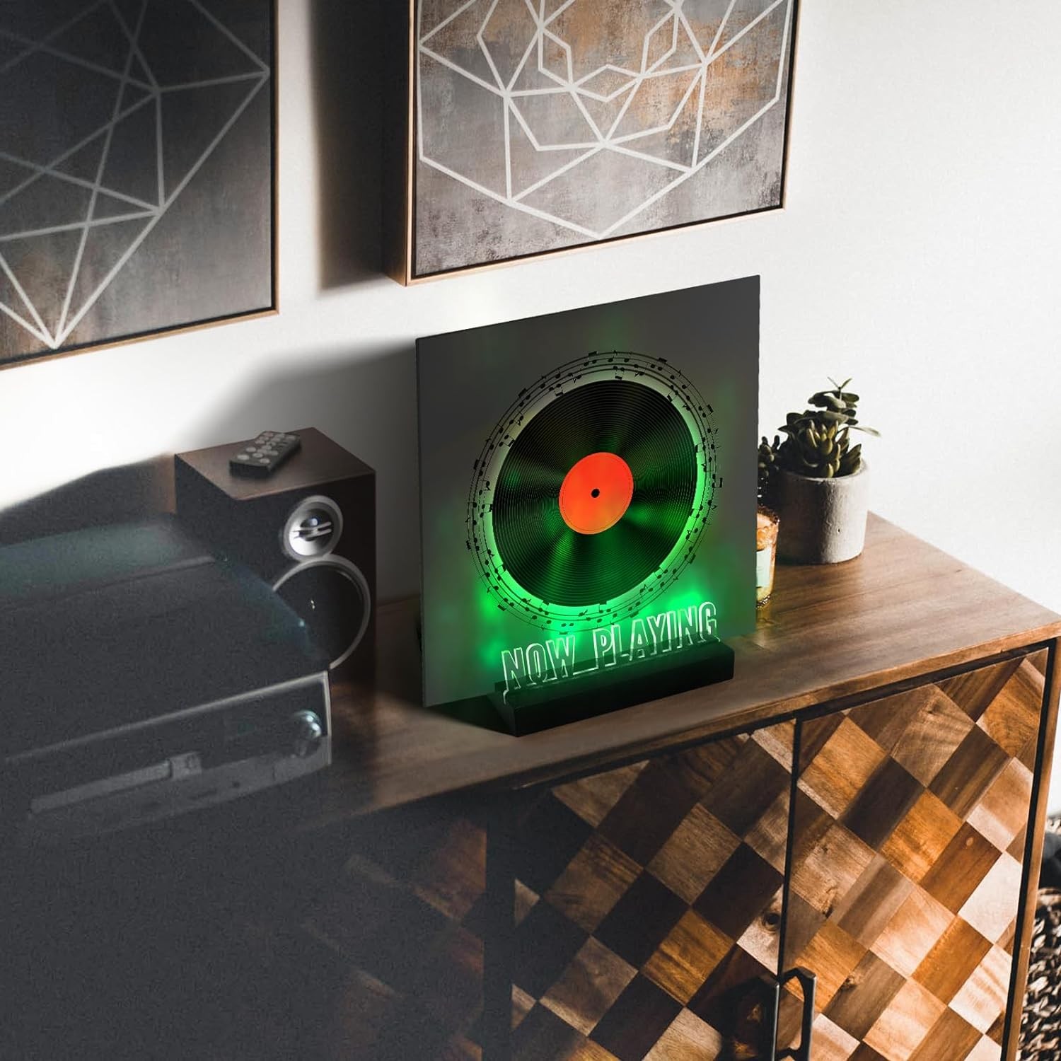 Now Playing Vinyl Record Stand,Light Up Wooden Album Display Holder Black