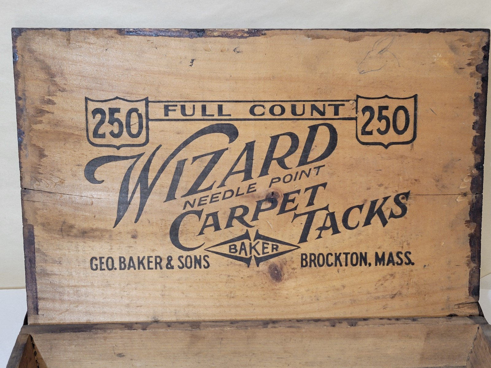 Wizard Carpet Tacks Box 1880-1920 Nails Antique Hardware Store Display Crate
