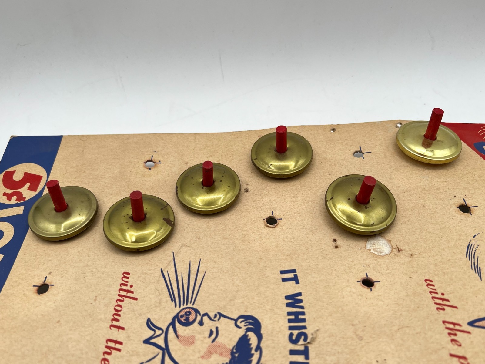 Vintage Plattner 1940’s Spinning Whistle Store Display Card w/ 12 Spinning Tops