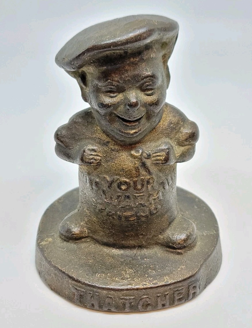 1900’s Thatcher Furnace Co Advertising Cast Iron Your Warm Friend Paperweight