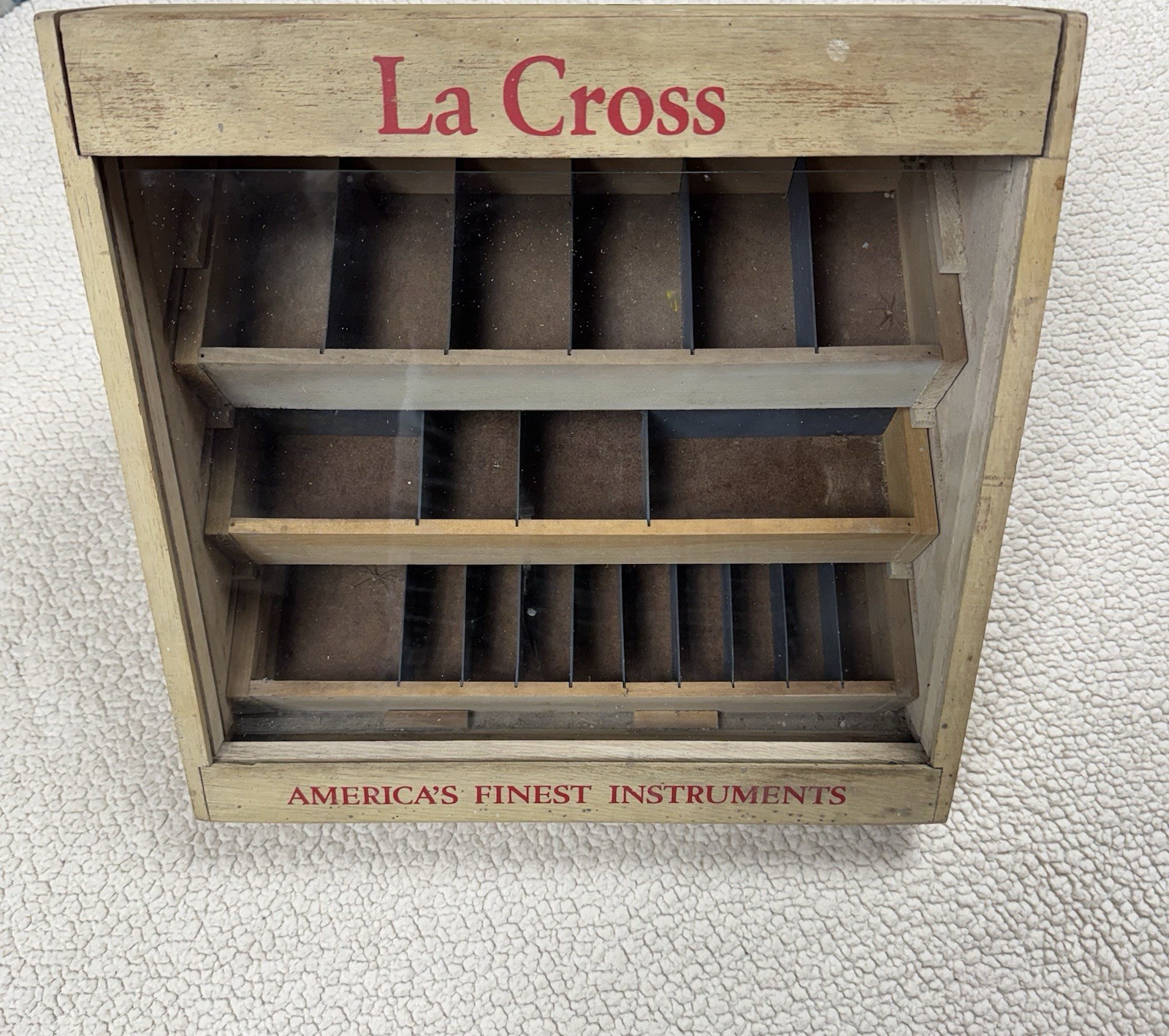 Vintage La Cross Wood Glass Display Case Box Storage Files Scissors Nippers 12″