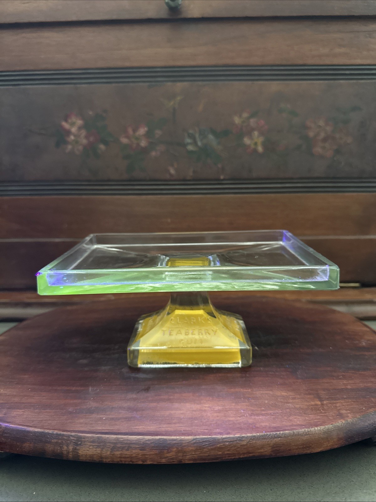 VTG Clark’s Teaberry Gum Glass Pedestal Display- Vaseline Glows w/ Black Light