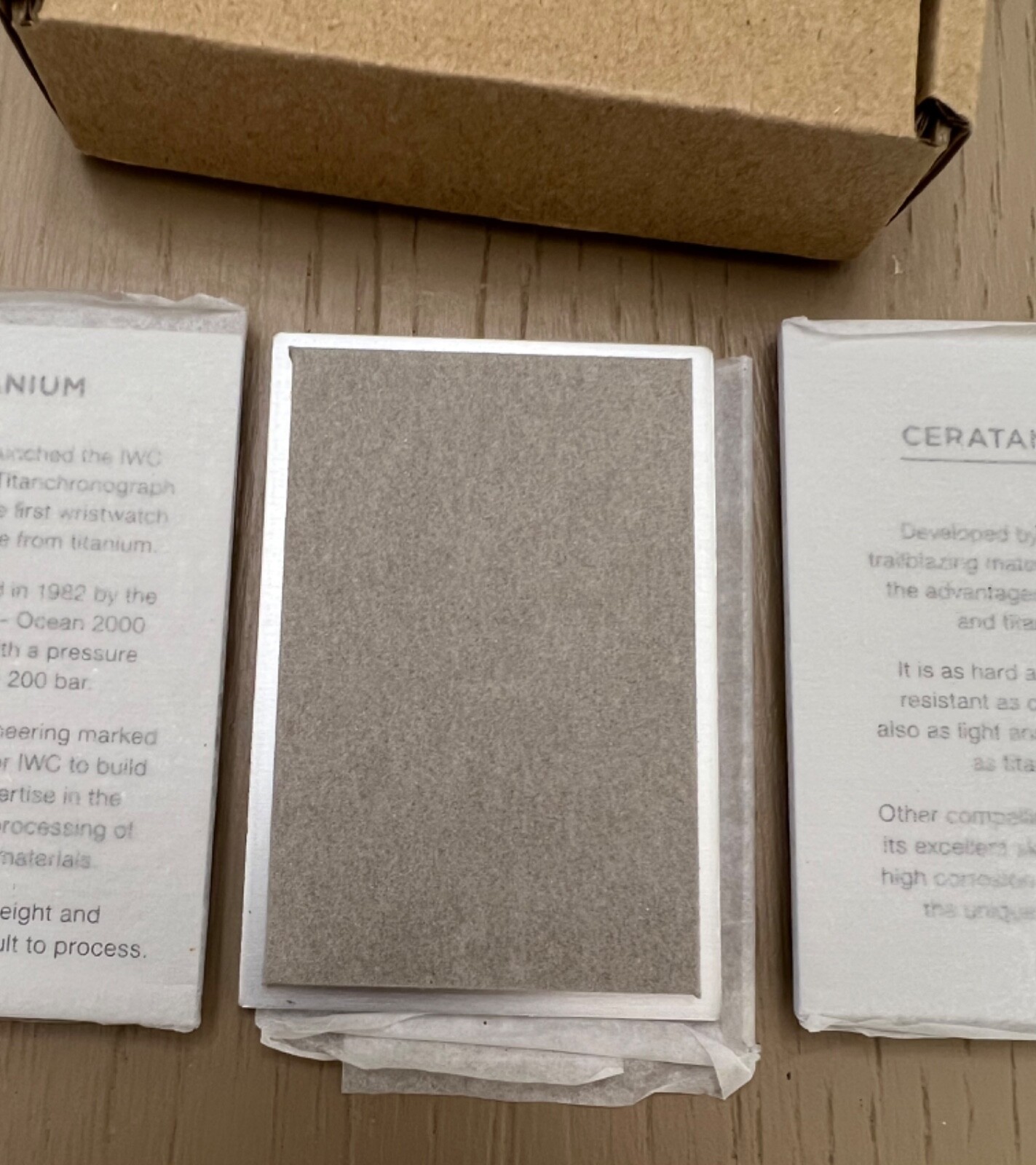 NEW IWC WATCH MATERIAL DESCRIPTIVE DEALER’S ALUMINUM DISPLAY SIGNS PLAQUES x 3