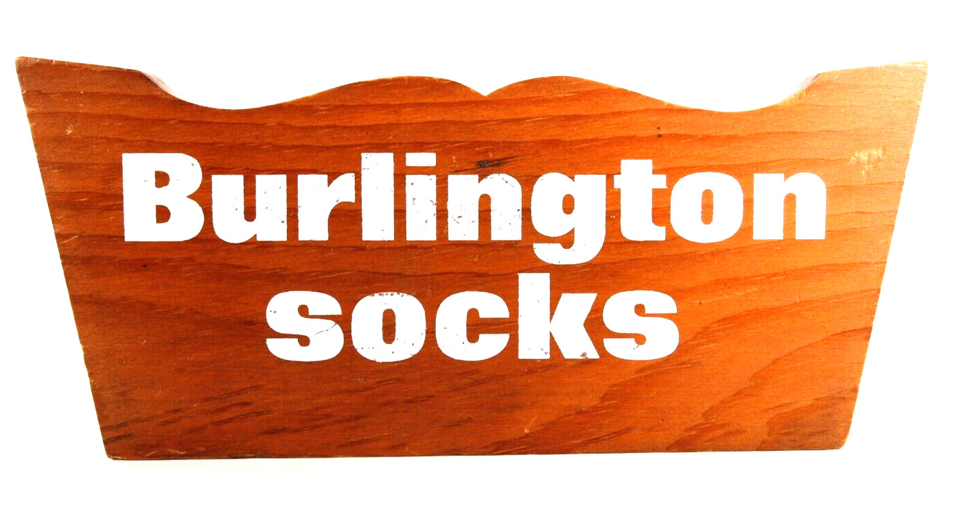 Burlington Socks Store Wood Counter Sign Vintage – Missing Pole, 12″ Wide