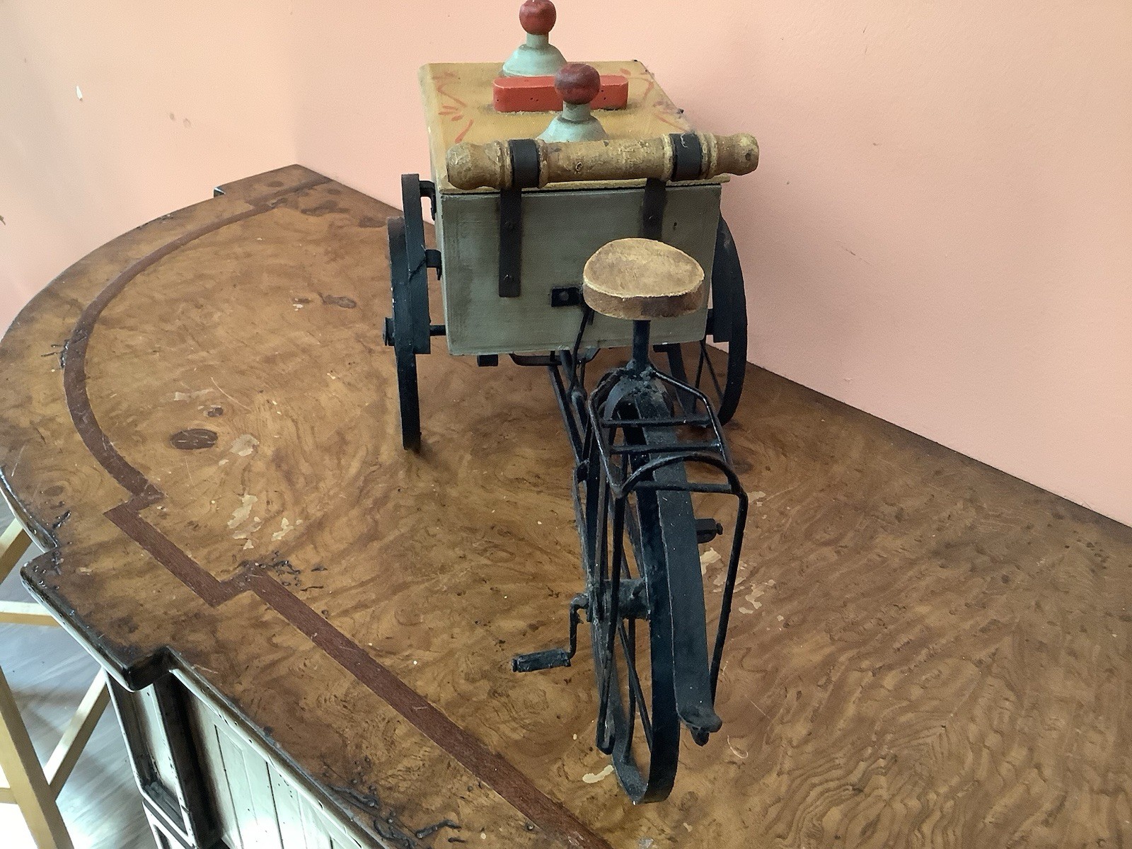Wooden Ice Cream Vendor Cart With Metal Bicycle Hand Painted 18”X9” X 8”