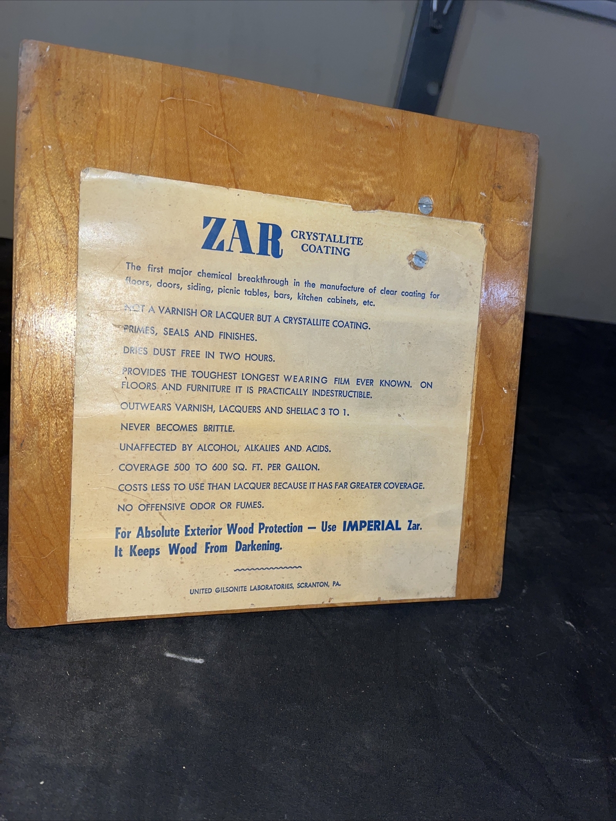 Vintage ZAR Wood Floor Finish Store Counter DISPLAY w/ Bowling Pin Imperial