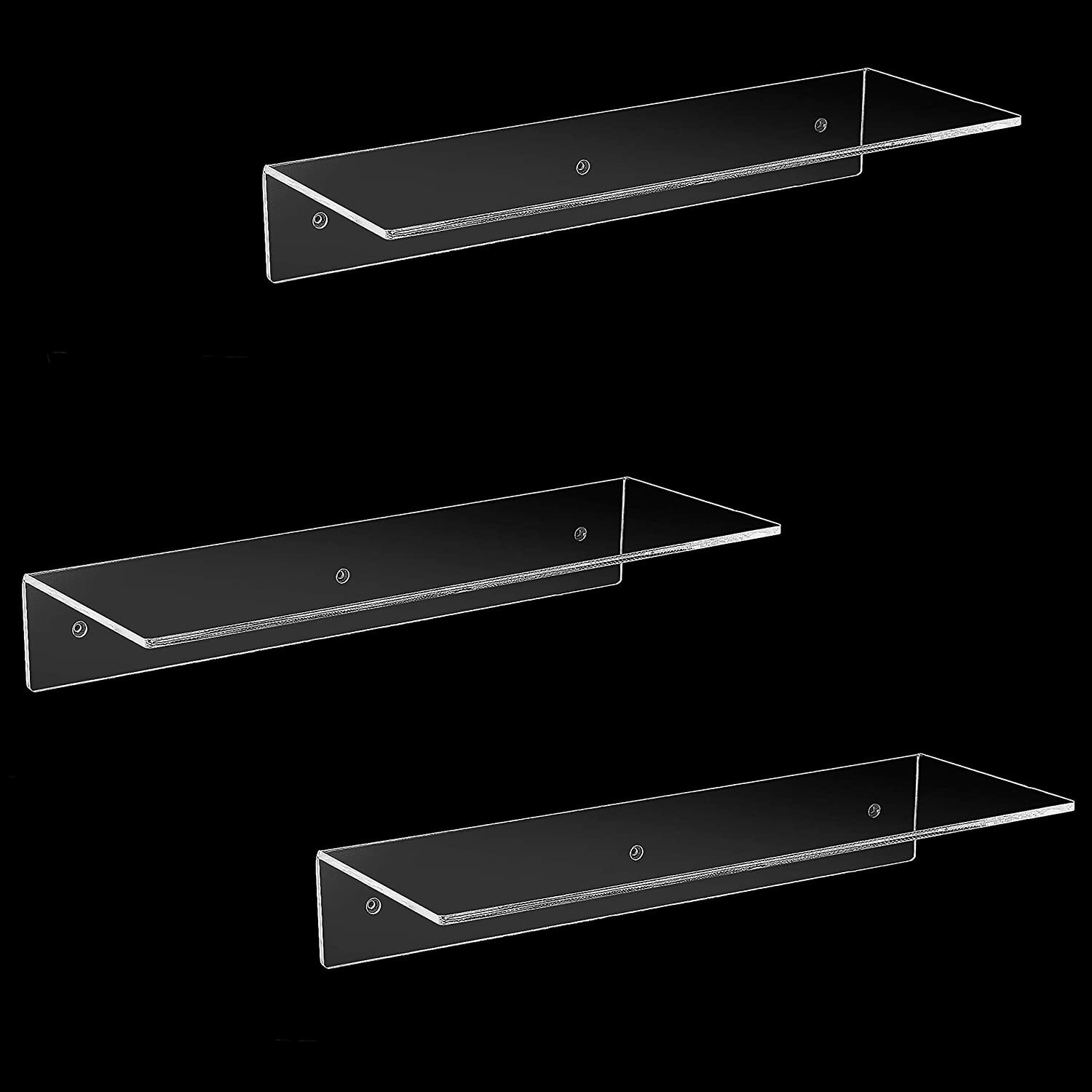 17 Inch Clear Acrylic Floating Shelves, Wall Mounted Display Racks, Set of 3