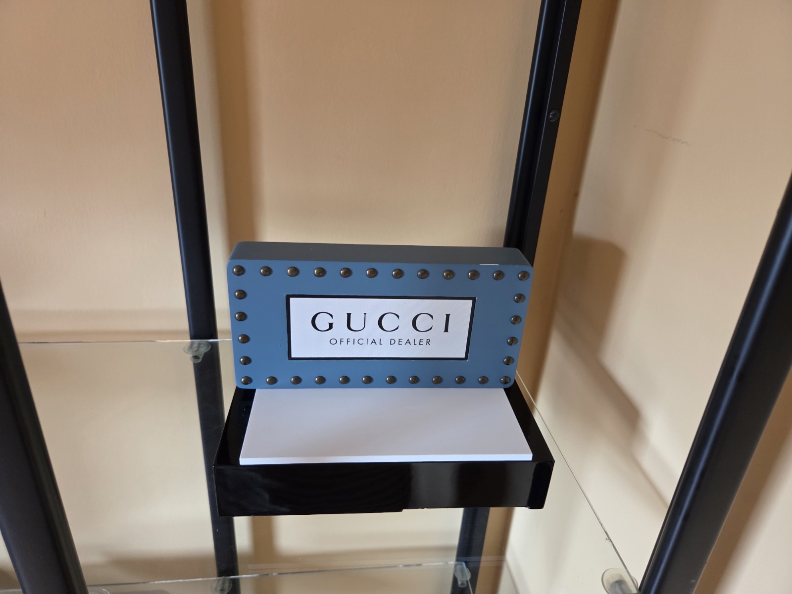 GUCCI OFFICIAL DEALER SUNGLASSES EYEGLASSES LOGO DISPLAY PLAGUE SIGN BLUE &WHITE