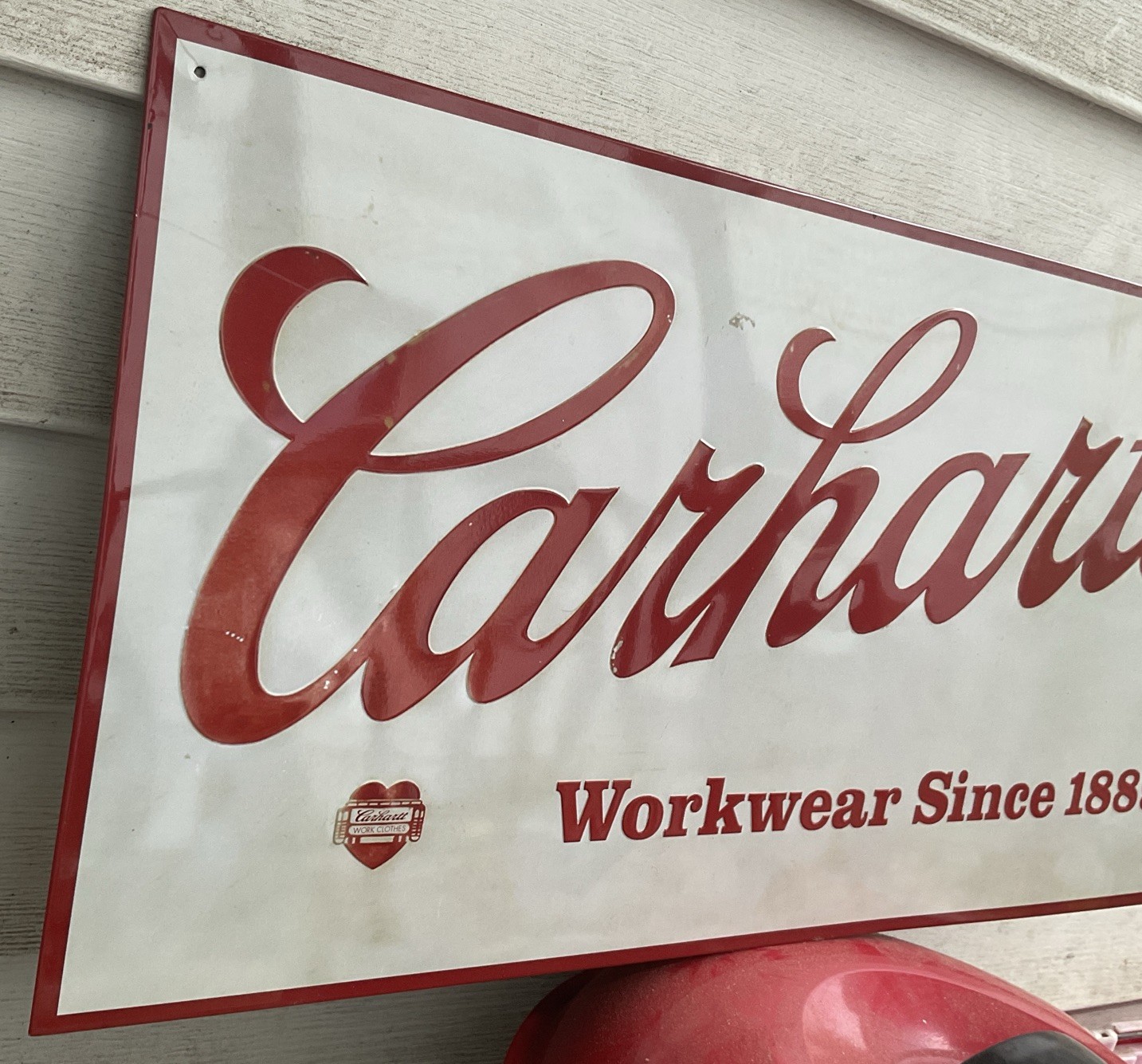 Vtg CARHARTT WORKWEAR SINCE 1889 – Metal Tin Sign Embossed 24″x12″ Mancave
