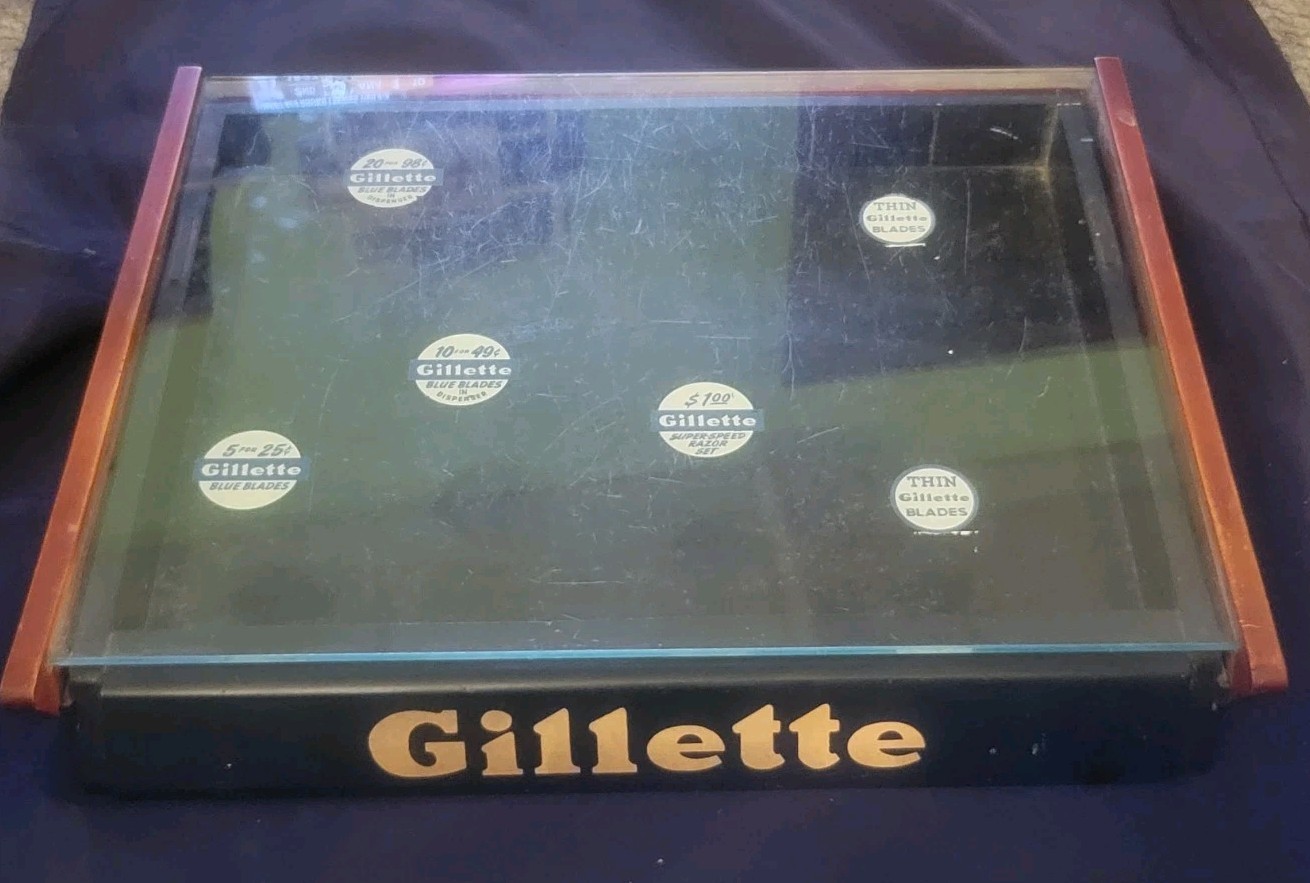 Vtg Gillette Razors Advertising Store Counter-top Glass And Wood Display Case