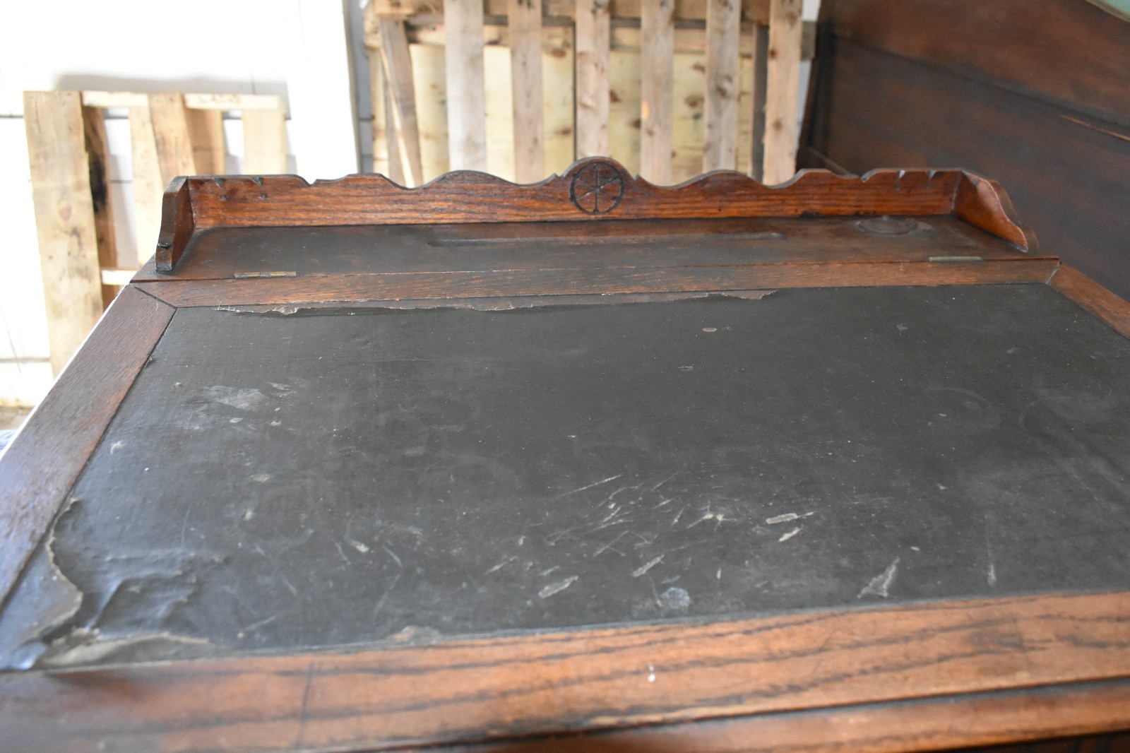 Antique Willimantic General Store Spool Cabinet w/ Leather Writing Top 1900
